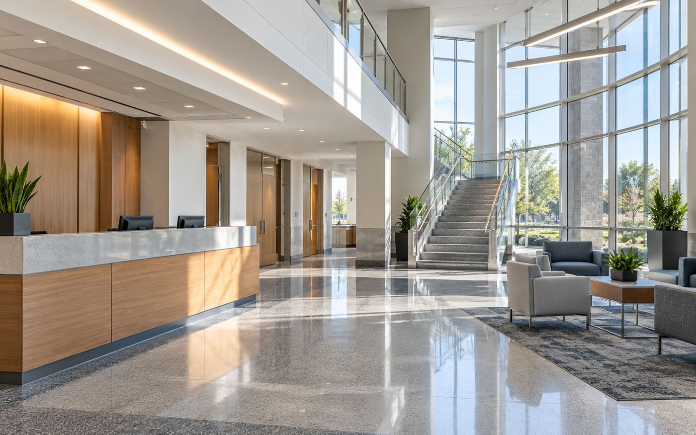 A bright, finished office lobby
