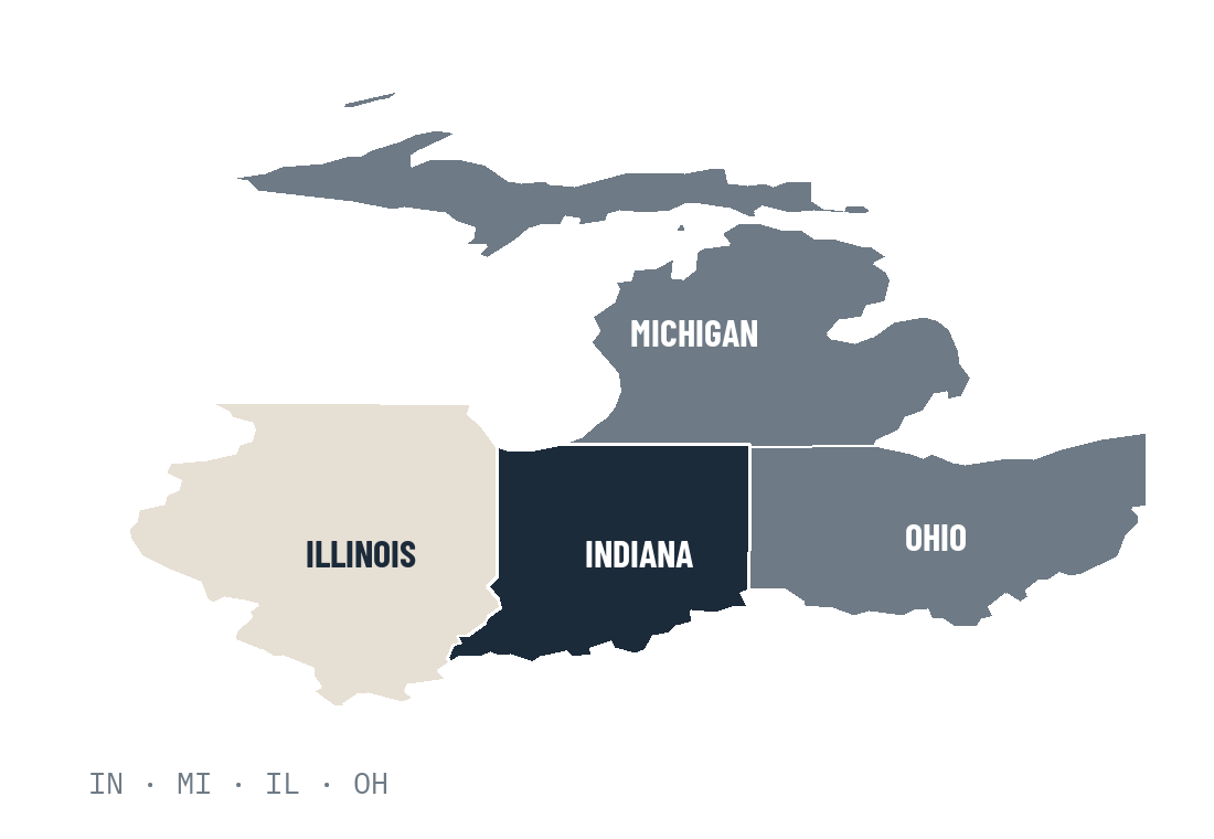 Map highlighting Indiana, Michigan, Illinois and Ohio