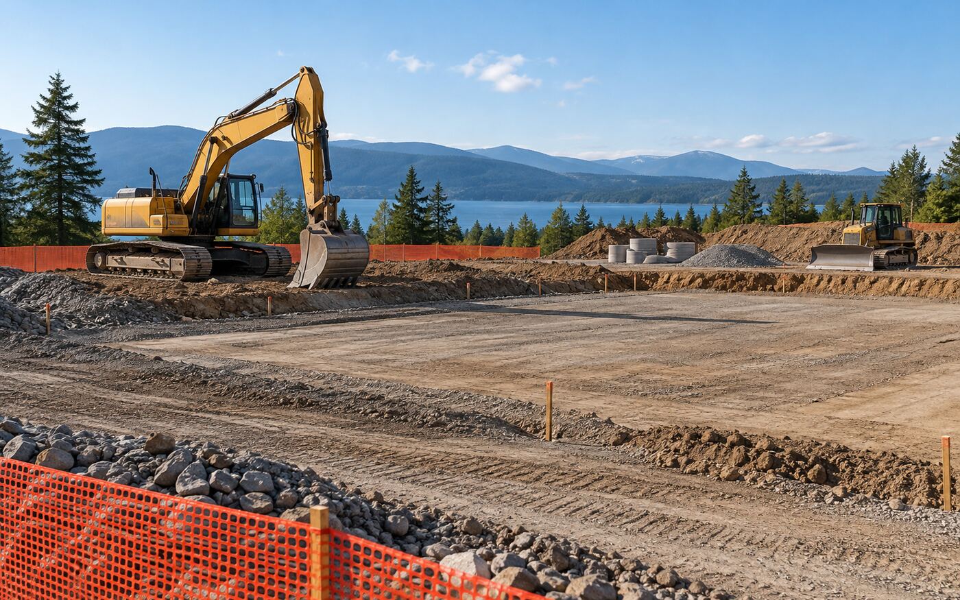 An excavator preparing a graded pad